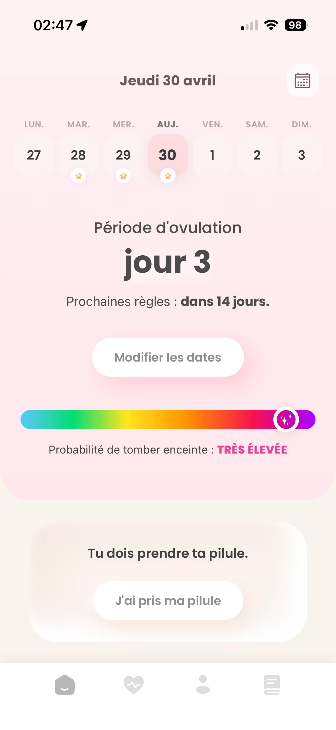 Plumm, dashboard du cycle avec la fenêtre d'ovulation
