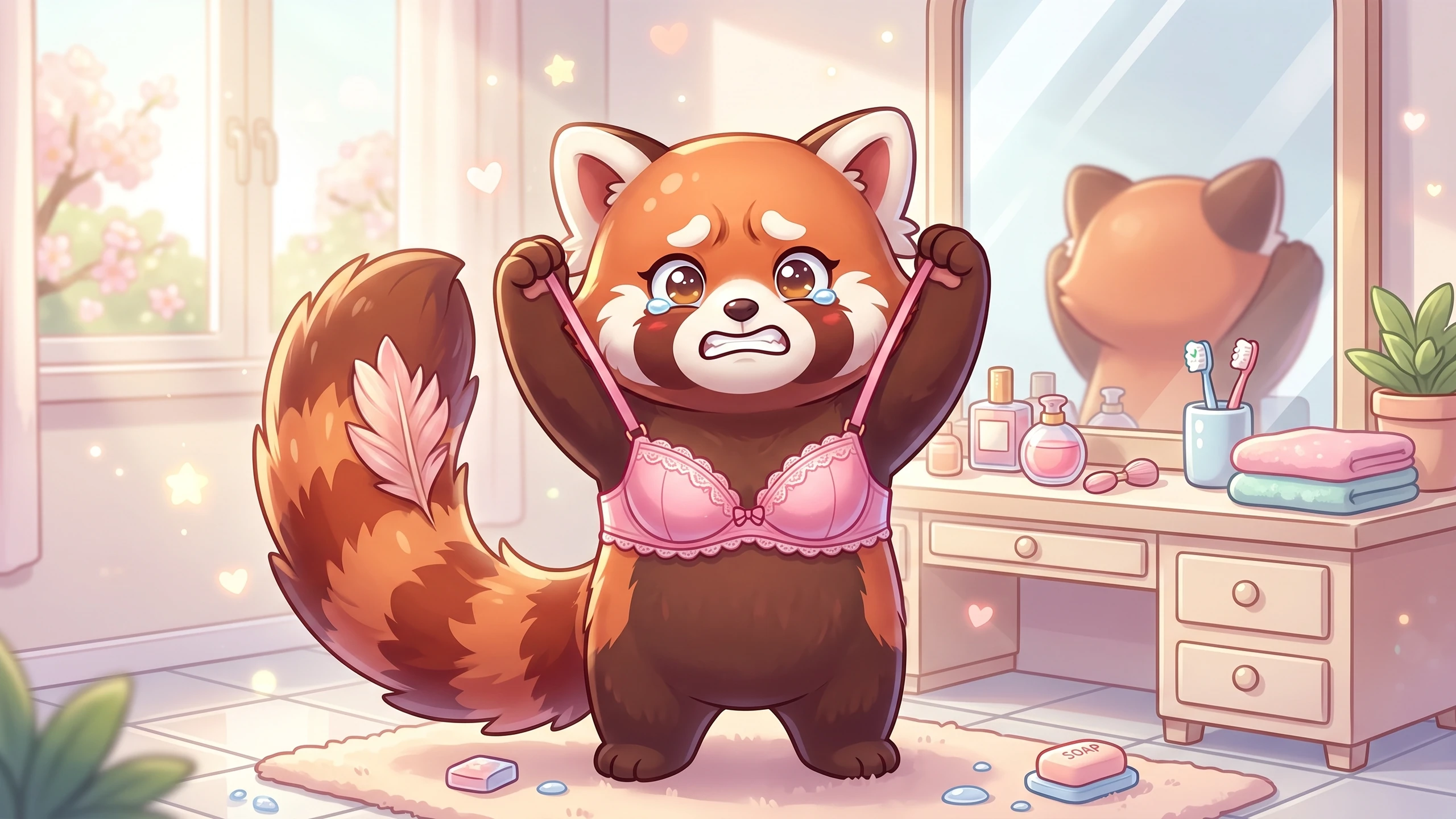 Roo, an animated red panda, stands in a pastel bathroom. She is pulling at the straps of a pink bra with a frustrated expression and tears in her eyes. A mirror, a dressing table, and some soaps are visible in the background.