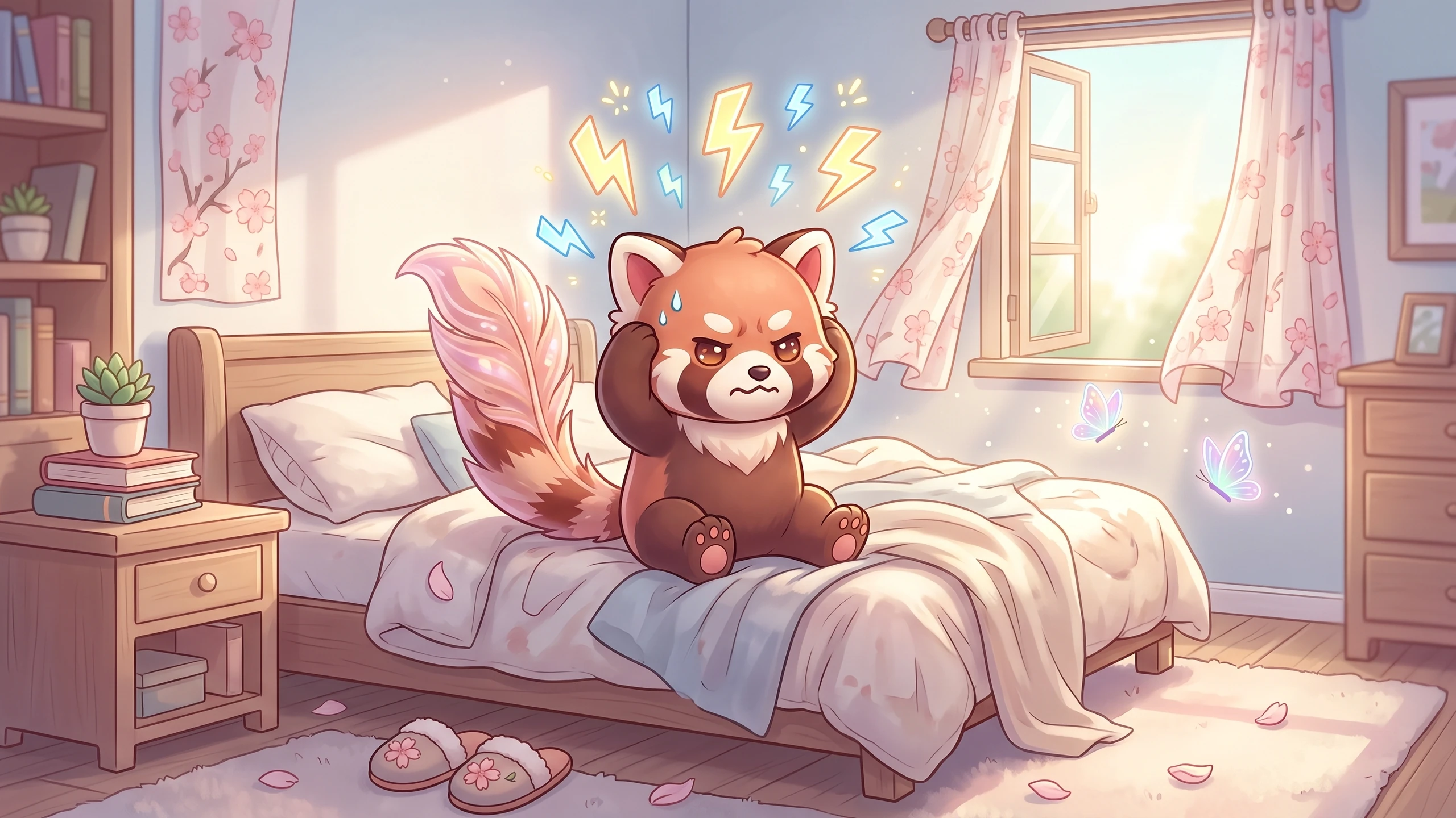 Roo, un petit panda roux kawaii, est assis sur un lit défait dans une chambre lumineuse. Il a l'air contrarié, une patte sur la tête, avec des éclairs colorés au-dessus de lui. Des papillons brillants volent nearby.