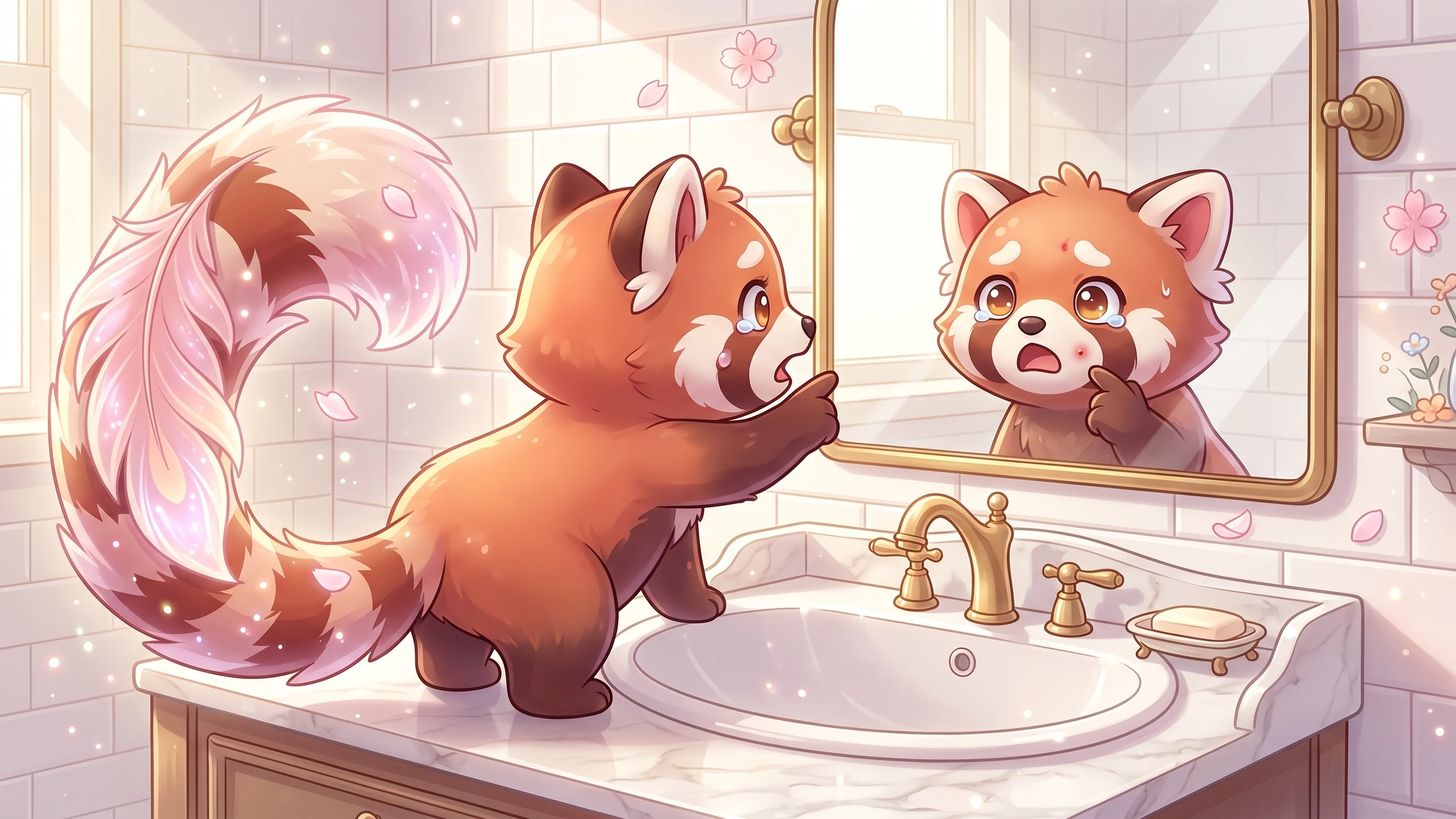 Roo, a fluffy animated red panda with a sparkly pink tail, stands on a marble bathroom cabinet looking into a golden mirror. Their reflection, eyes welling up, raises a paw to their cheek. Cherry blossom petals drift through the air around them.