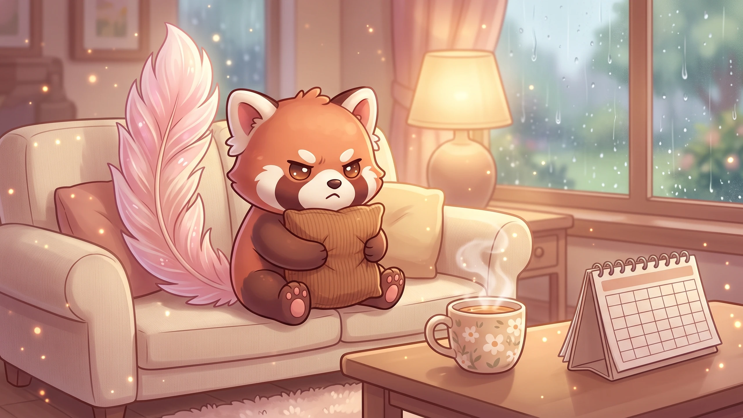 Roo, un panda roux chibi, est assis d'un air boudeur sur un canapé crème, serrant un coussin. À côté de lui, une grande plume rose. Sur la table basse : une tasse fumante à fleurs et un calendrier. Il pleut dehors, une lampe éclaire la pièce.
