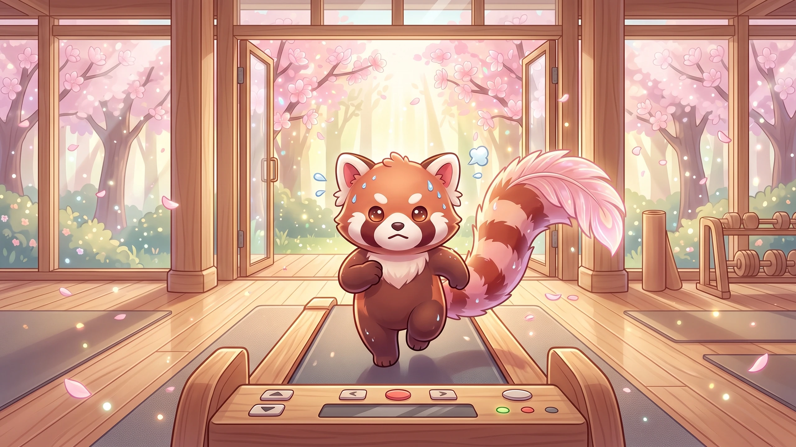 Roo, un petit panda roux animé, court sur un tapis roulant en bois dans une salle lumineuse. Il transpire, les bras levés. En arrière-plan, des cerisiers en fleurs roses et des haltères sur un rack.
