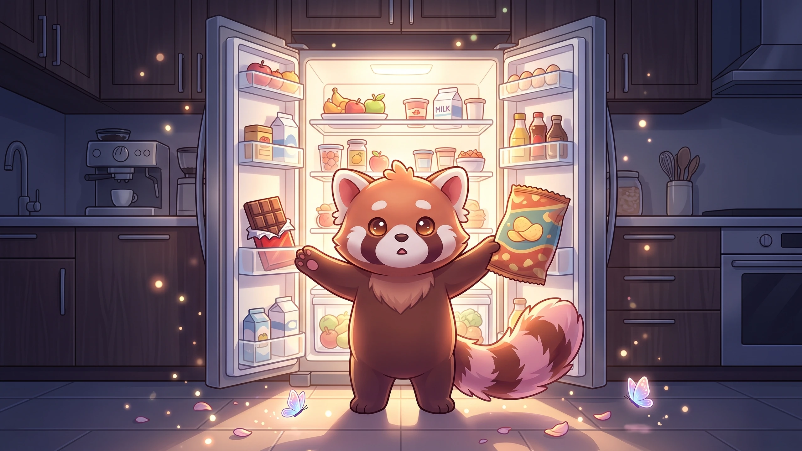 Roo, un petit panda roux au pelage brun-roux et à la queue touffue rose, se tient debout devant un réfrigérateur ouvert et lumineux. Il tient une tablette de chocolat dans une patte et un paquet de chips dans l'autre. Autour de lui, de petits papillons et des étincelles lumineuses flottent dans la cuisine sombre.