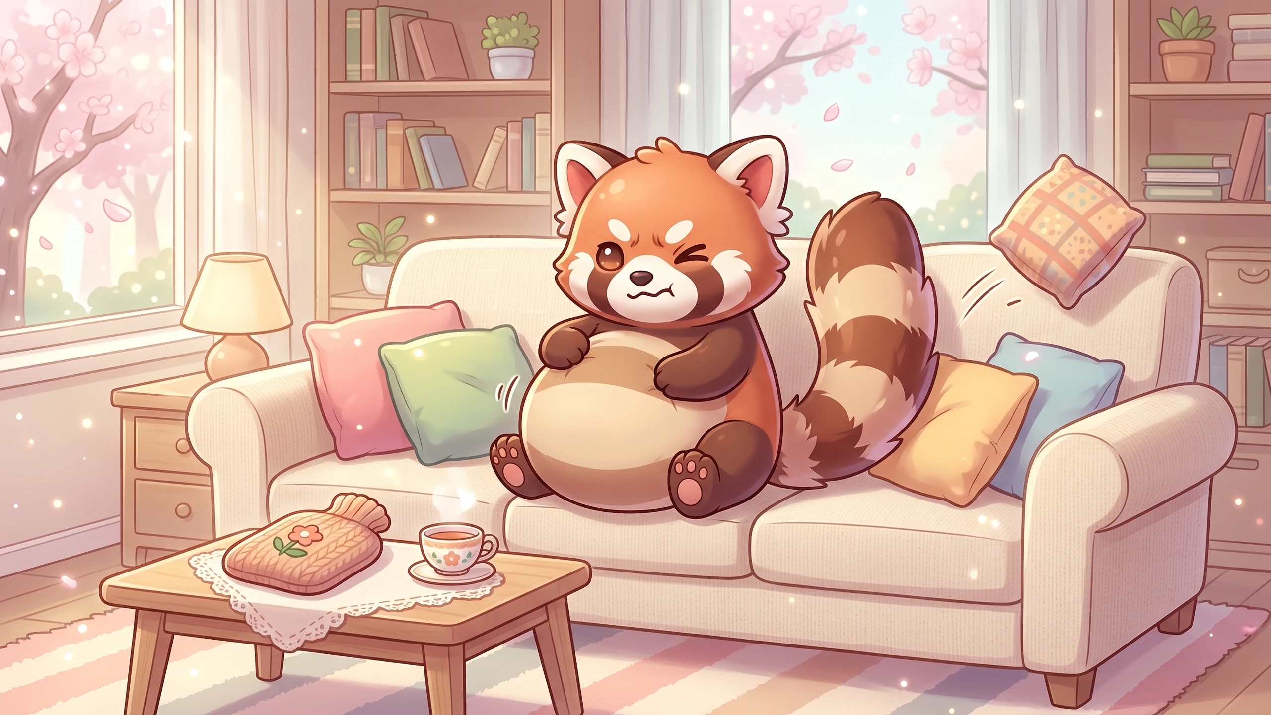 Roo, petit panda roux cartoon au ventre rond, est assis sur un canapé crème entouré de coussins colorés. Il fait un clin d'œil. Devant lui, une table basse avec une tasse de thé. En fond, une bibliothèque et des cerisiers en fleurs.