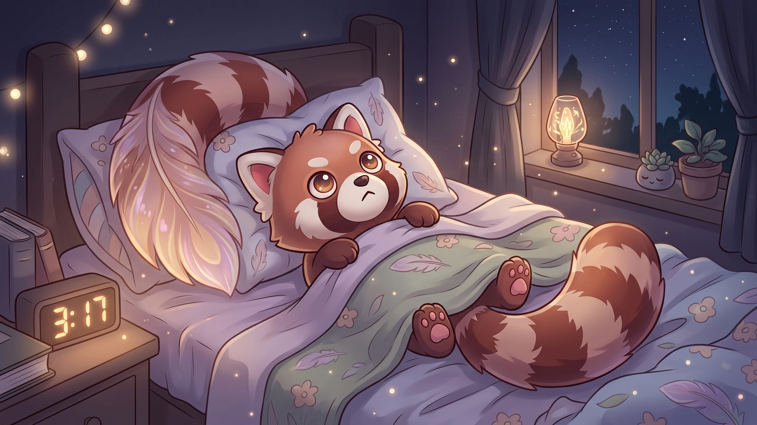 Roo, un petit panda roux animé, est allongé dans un lit sous une couverture fleurie. Il a les yeux grands ouverts. Le réveil affiche 3 h 17. Une lampe de chevet et des guirlandes lumineuses éclairent doucement la chambre nocturne.