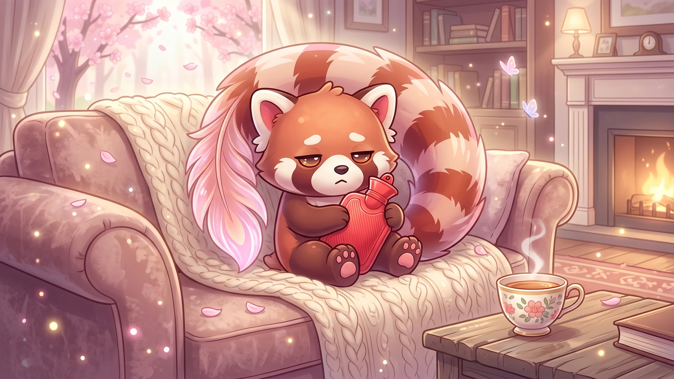 Roo, un panda roux cartoon à l'air fatigué, est blotti sur un canapé avec une couverture en tricot. Il serre une bouillotte rouge contre lui. À côté, une tasse de thé fumante. En arrière-plan : cheminée allumée et cerisier en fleurs.
