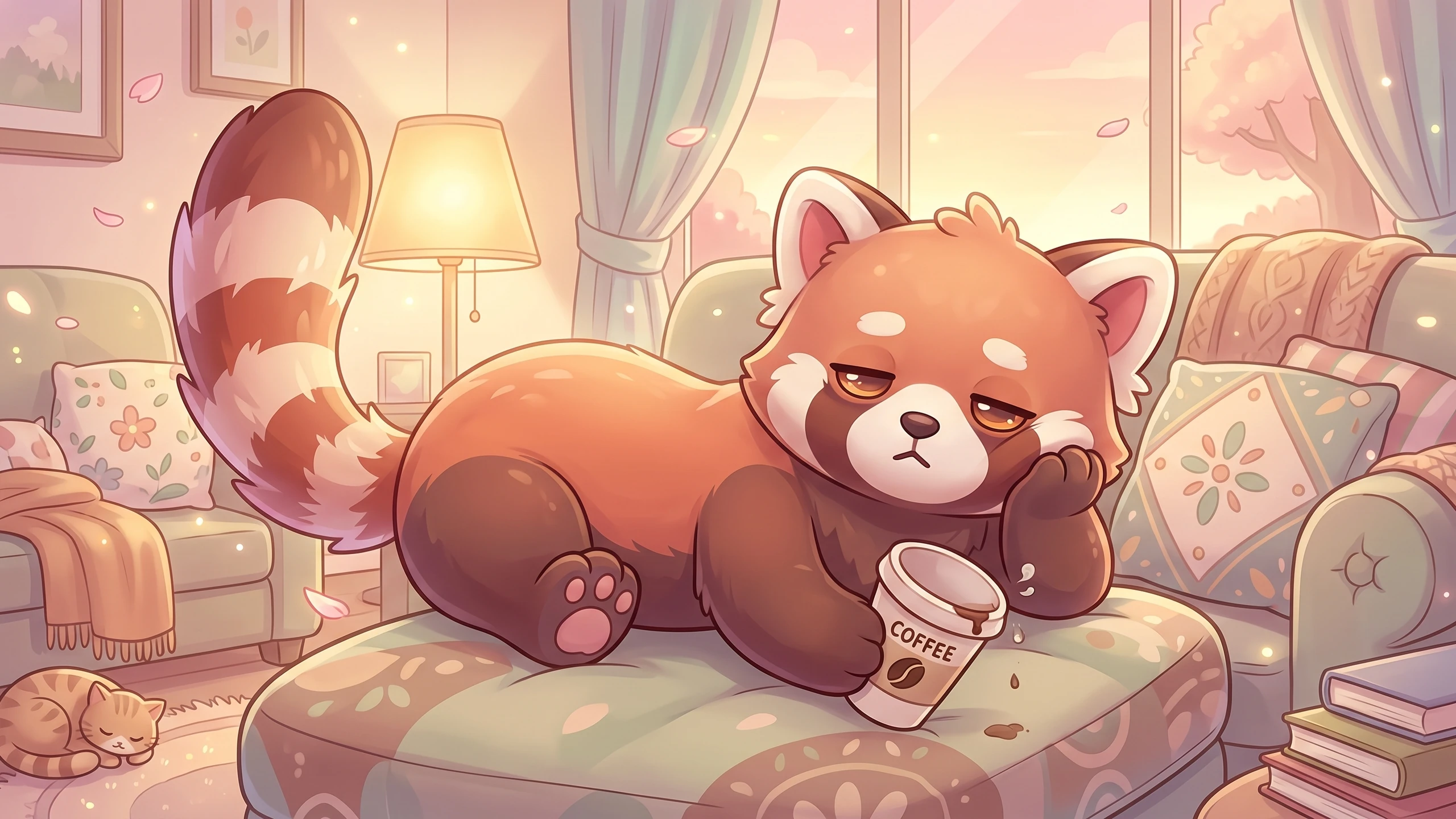 Roo, un panda roux cartoon, est affalé sur un canapé, l'air endormi, tenant un gobelet de café qui coule. Un chaton dort sur le sol. Coussins fleuris, lampe allumée et pétales de cerisier en arrière-plan.